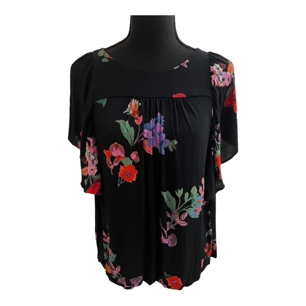 Anthropologie Maeve Black Floral Flutter Sleeve Blouse Small